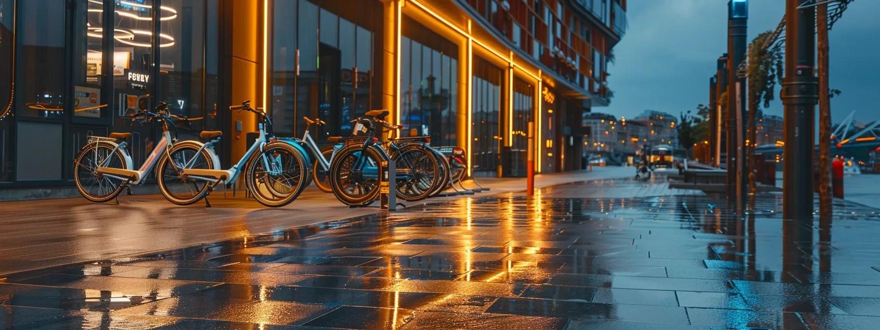 a dynamic urban scene showcases sleek electric bikes lined up alongside vibrant water bikes at a bustling waterfront, highlighting the contrast between these two eco-friendly ride options amidst a backdrop of modern city architecture.
