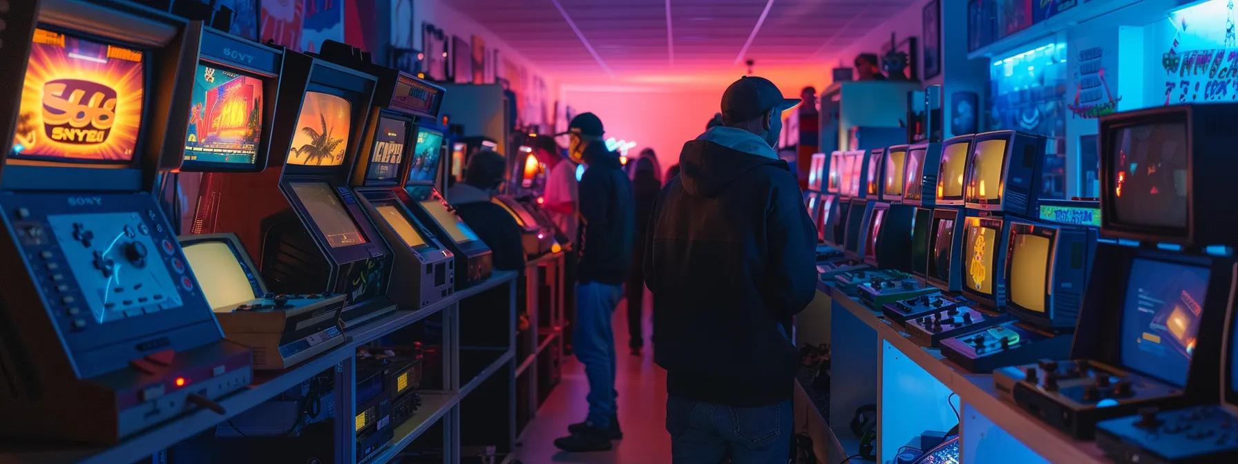 a dynamic urban setting showcases a sleek lineup of retro gaming consoles on display, each device vibrant with distinctive branding, while gamers eagerly gather around, immersed in a nostalgic gaming experience that highlights brand reputation and authenticity.