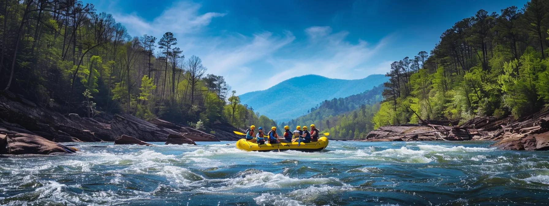a dynamic view captures a group of energetic rafters navigating the thrilling white water rapids of the ocoee river, with steep, rugged terrain rising dramatically in the background, under a bright blue sky.