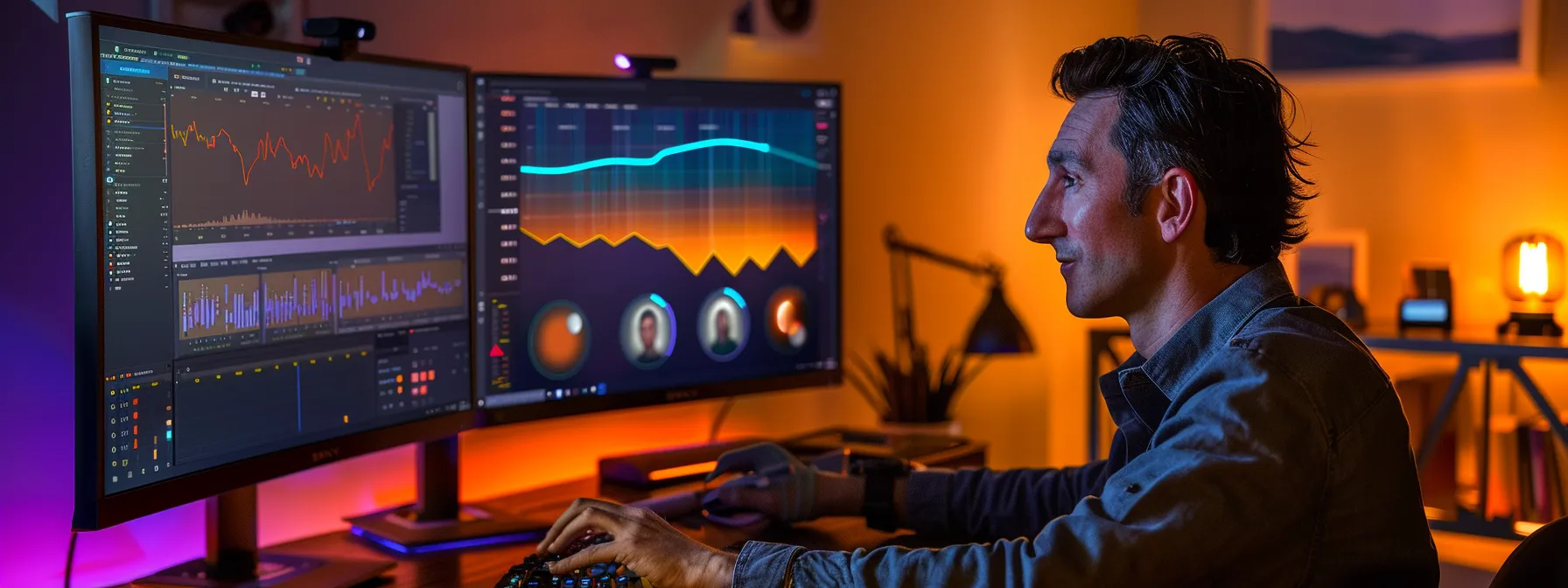 a dynamic, visually engaging scene of a digital marketing analyst enthusiastically reviewing vibrant social media analytics graphs on a sleek computer, under warm, ambient lighting that emphasizes peak engagement moments. a dynamic, visually engaging scene of a digital marketing analyst enthusiastically reviewing vibrant social media analytics graphs on a sleek computer, under warm, ambient lighting that emphasizes peak engagement moments.