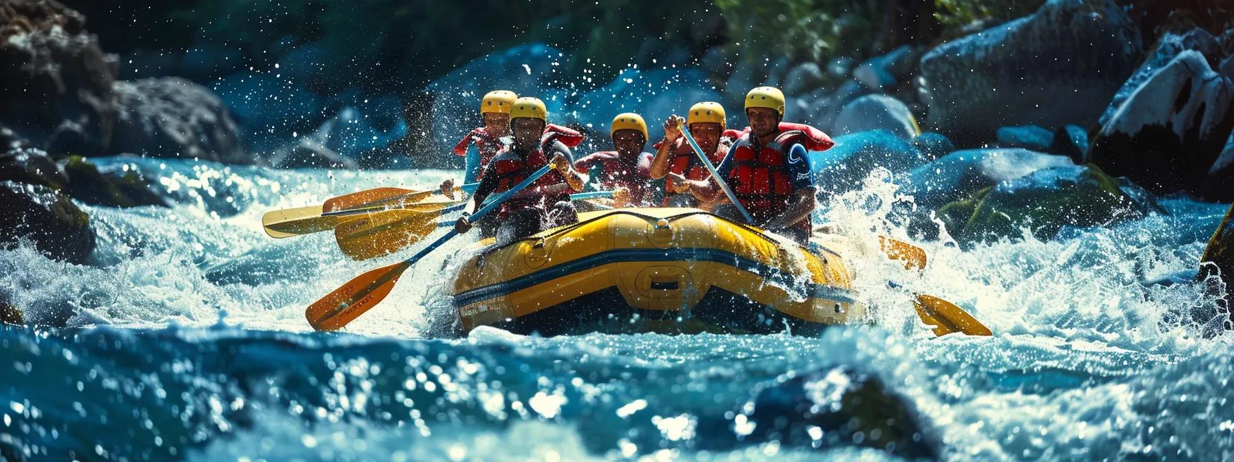 a dynamic white-water rafting scene captures a diverse group of adventurers in brightly colored life jackets navigating fast-moving rapids, under the vigilant supervision of experienced, certified guides, with safety gear prominently displayed.