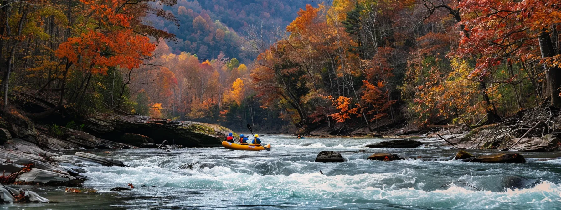 a dynamic whitewater rafting scene on the ocoee river, with kayakers navigating through turbulent, crystal-clear waters framed by vibrant autumn foliage in rich reds, oranges, and yellows, set against the dramatic backdrop of the appalachian mountains under a clear sky.
