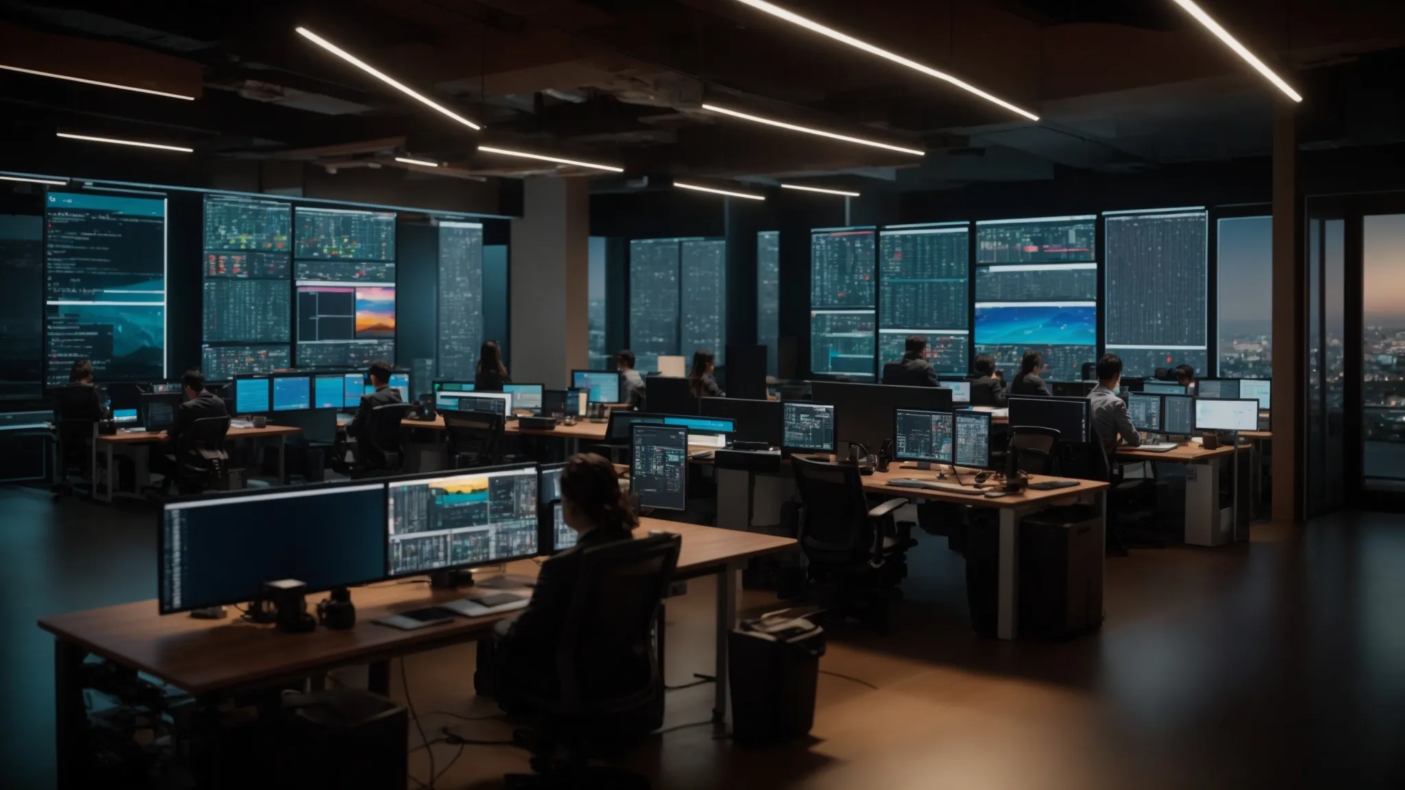 a dynamic workspace filled with vibrant digital screens displaying ppc analytics and graphs, illuminated by soft, focused lighting that highlights a team of professionals collaborating intensely to refine their marketing strategies.