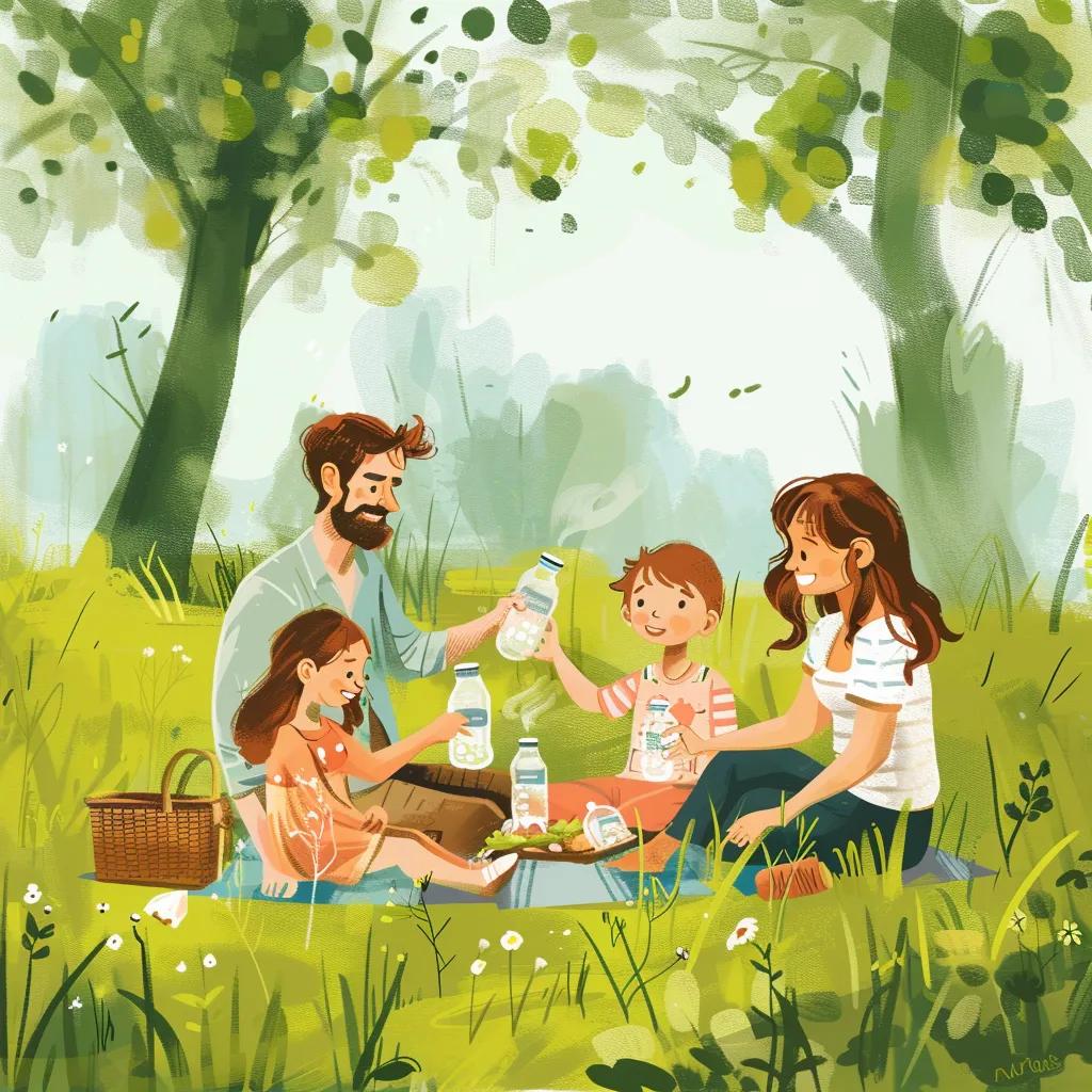 Family at a picnic with reusable water bottles, highlighting environmental benefits of water filtration