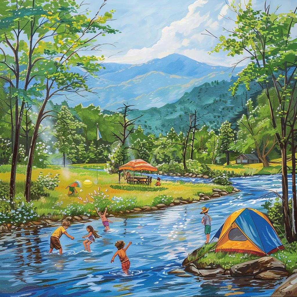 Family camping by a river in Virginia with children playing in the water and scenic mountains in the background