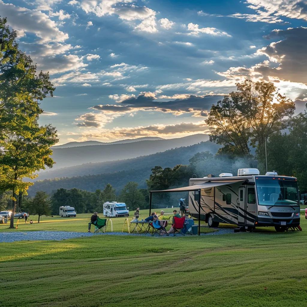 Family camping at an RV park in Verona, Virginia, with scenic Blue Ridge Mountains in the background