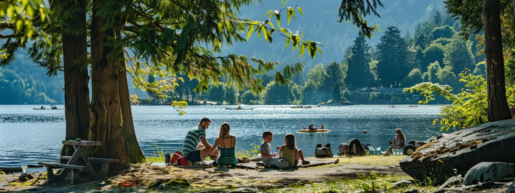 a family picnicking by the shimmering lake country bc, surrounded by lush greenery and enjoying a budget-friendly outdoor moment. a family picnicking by the shimmering lake country bc, surrounded by lush greenery and enjoying a budget-friendly outdoor moment.