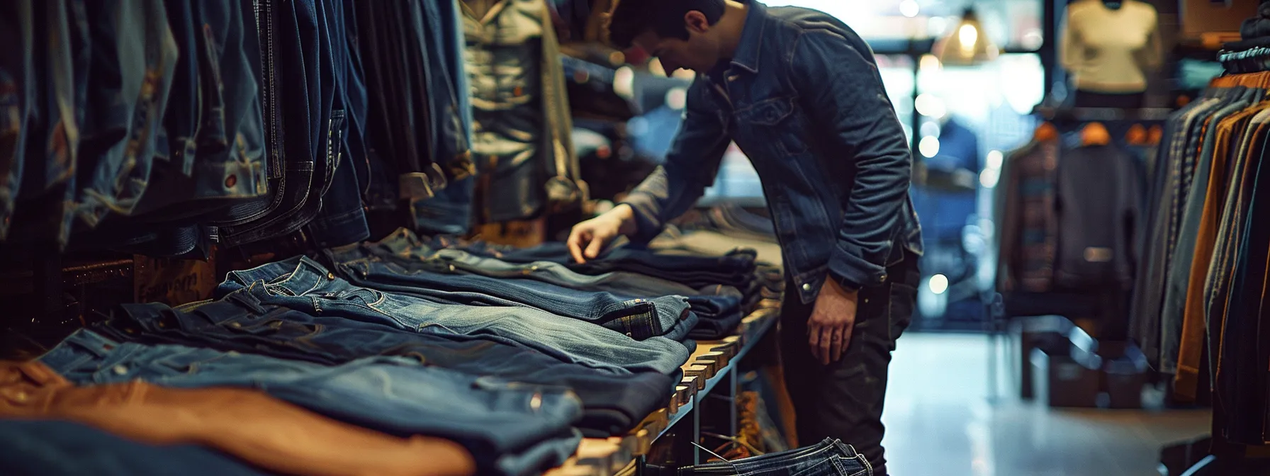 a fashion enthusiast carefully selecting a pair of perfectly faded, slim-fit serenede jeans on a display table surrounded by various washes and finishes. a fashion enthusiast carefully selecting a pair of perfectly faded, slim-fit serenede jeans on a display table surrounded by various washes and finishes.