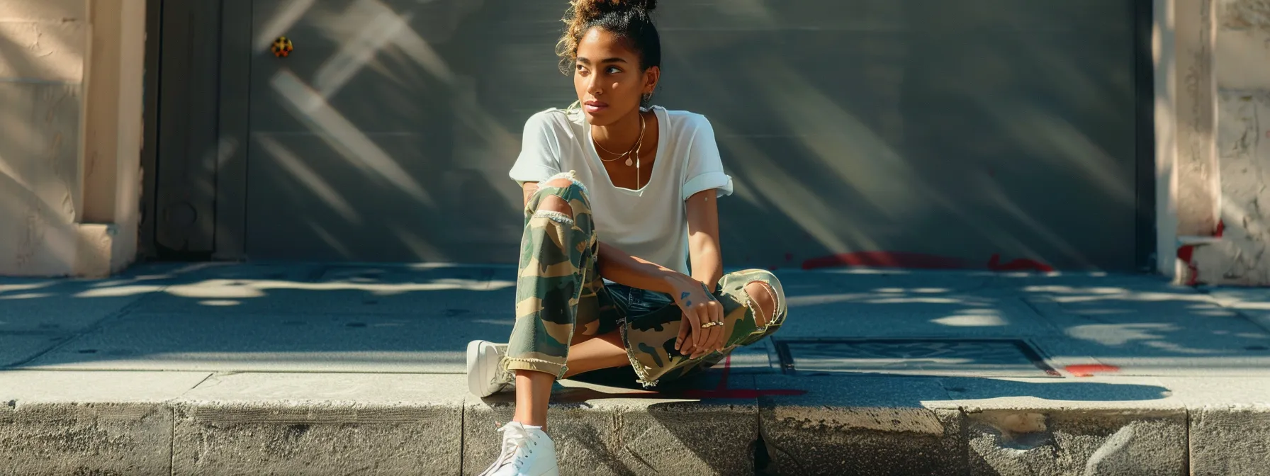 a fashionable woman wearing camouflage jeans with a basic tee, layered tops, sneakers, and stylish accessories, exuding a chic and relaxed daytime vibe. a fashionable woman wearing camouflage jeans with a basic tee, layered tops, sneakers, and stylish accessories, exuding a chic and relaxed daytime vibe.