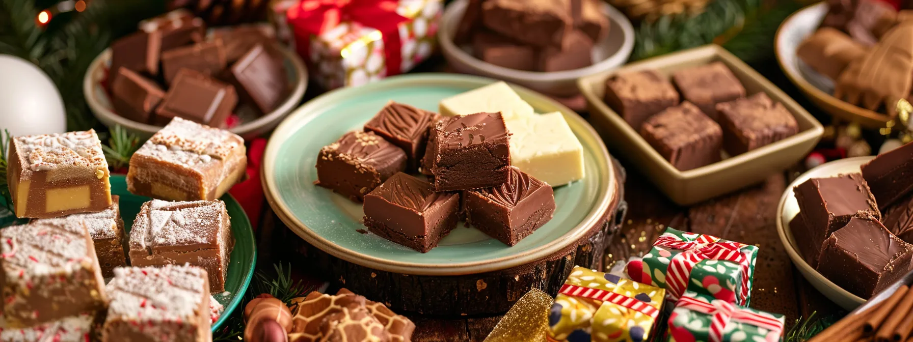 a festive table filled with an assortment of homemade fudge varieties in colorful gift boxes, perfect for family celebrations and bonding activities.