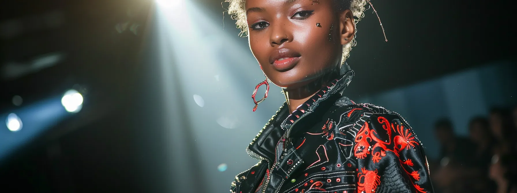 a fierce model confidently struts down a runway adorned in head-to-toe vengeance clothing attire, exuding a rebellious and edgy vibe. a fierce model confidently struts down a runway adorned in head-to-toe vengeance clothing attire, exuding a rebellious and edgy vibe.