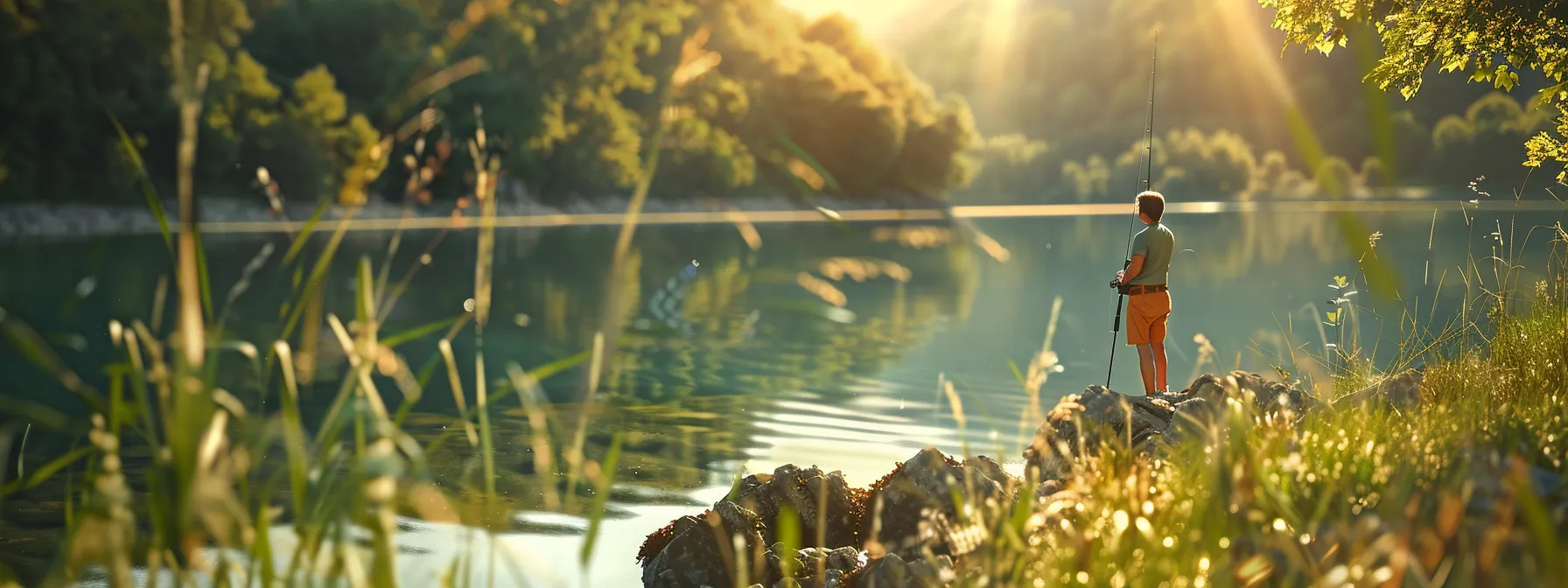 a fisherman carefully comparing different rod materials, with a serene lake in the background. a fisherman carefully comparing different rod materials, with a serene lake in the background.
