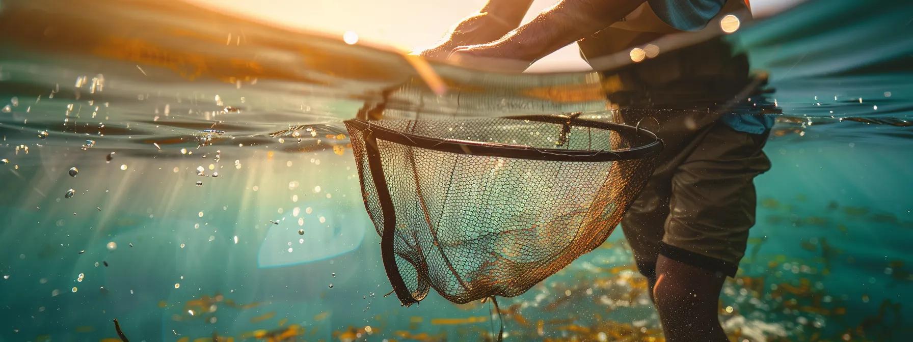 a fisherman holding a landing net with a long handle, reaching out to catch a large saltwater fish. a fisherman holding a landing net with a long handle, reaching out to catch a large saltwater fish.