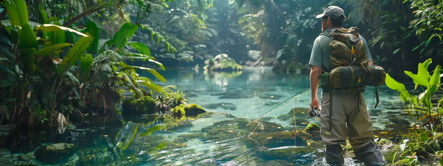 a fisherman in waders casting a line into a crystal clear river, wearing a waterproof fly fishing pack slung over his shoulder, surrounded by lush greenery. a fisherman in waders casting a line into a crystal clear river, wearing a waterproof fly fishing pack slung over his shoulder, surrounded by lush greenery.