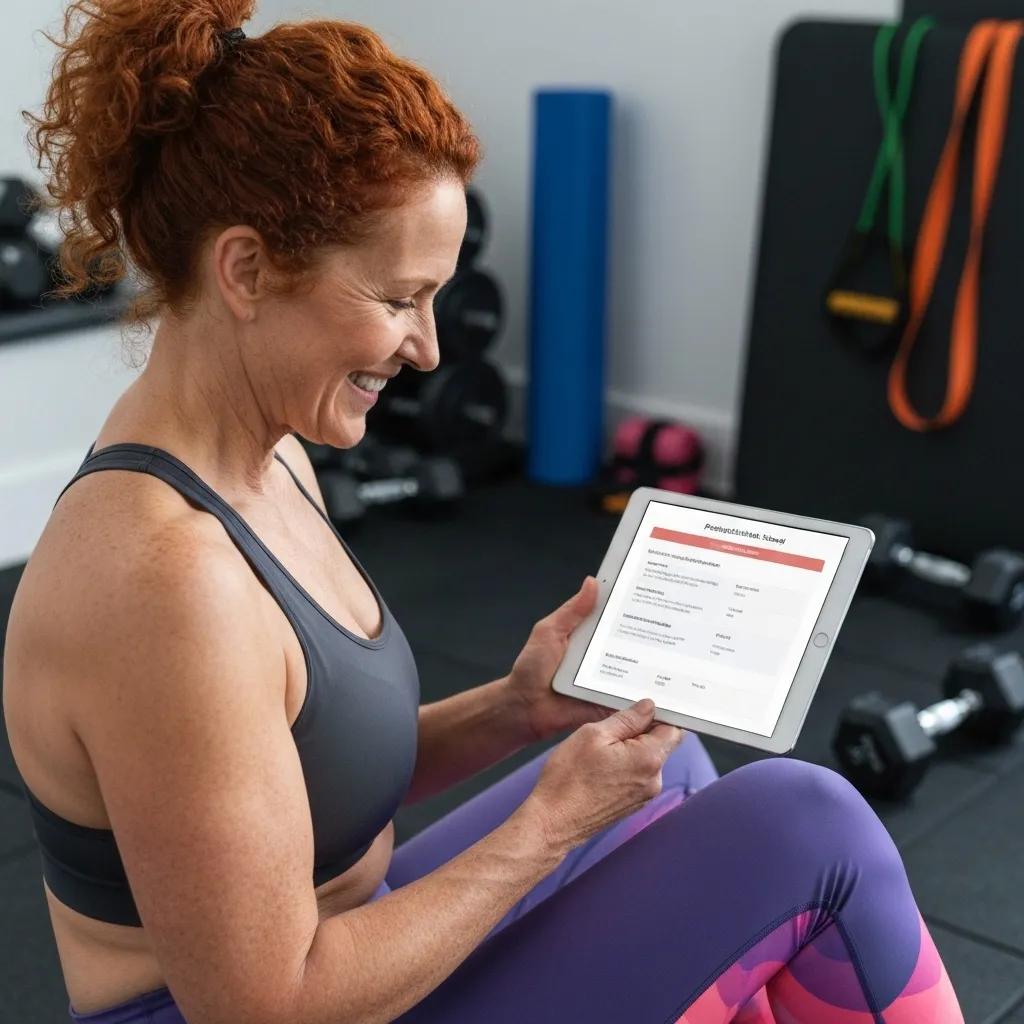 A fitness enthusiast reviewing a personalized supplement schedule in a home gym setting