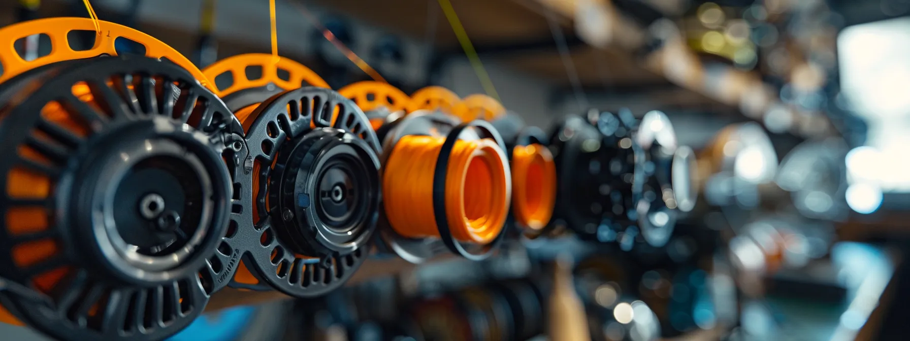 a fly fisherman carefully selecting between a vivid orange floating line and a sleek black sinking line, with various fishing rods and reels displayed in the background. a fly fisherman carefully selecting between a vivid orange floating line and a sleek black sinking line, with various fishing rods and reels displayed in the background.