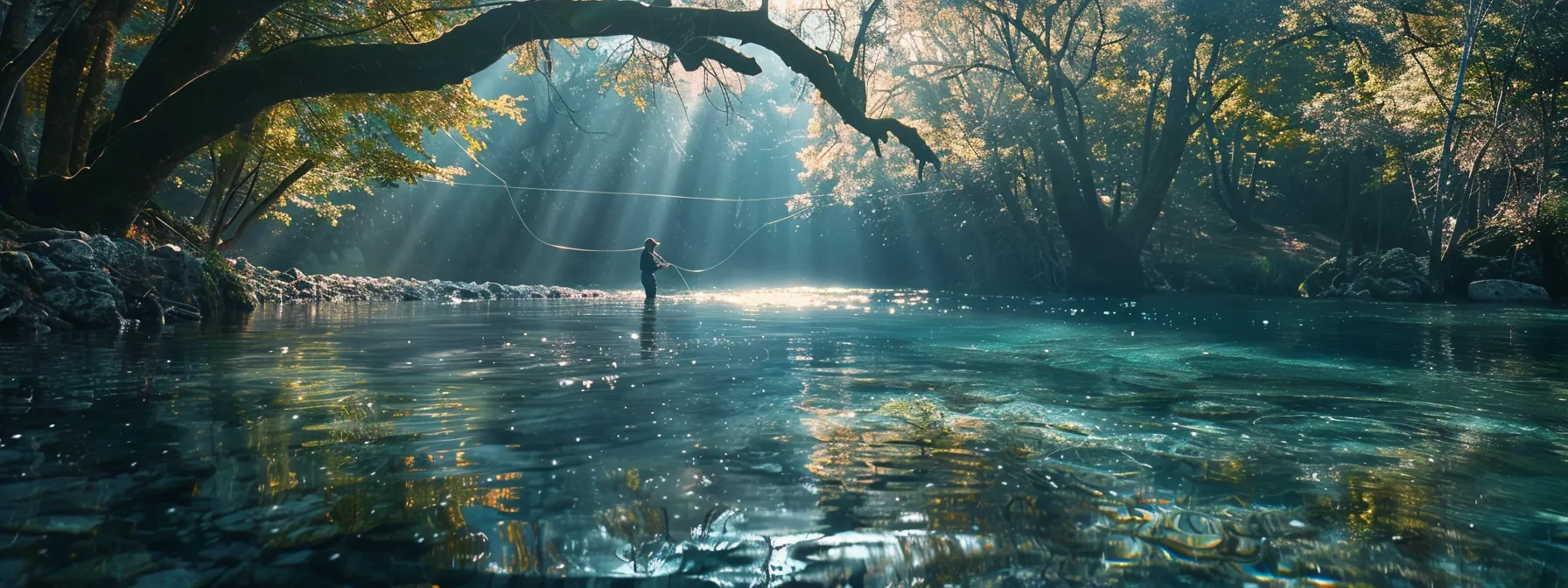 a fly fisherman casting a sinking line towards a school of fish beneath the clear, rippling surface of a tranquil river. a fly fisherman casting a sinking line towards a school of fish beneath the clear, rippling surface of a tranquil river.