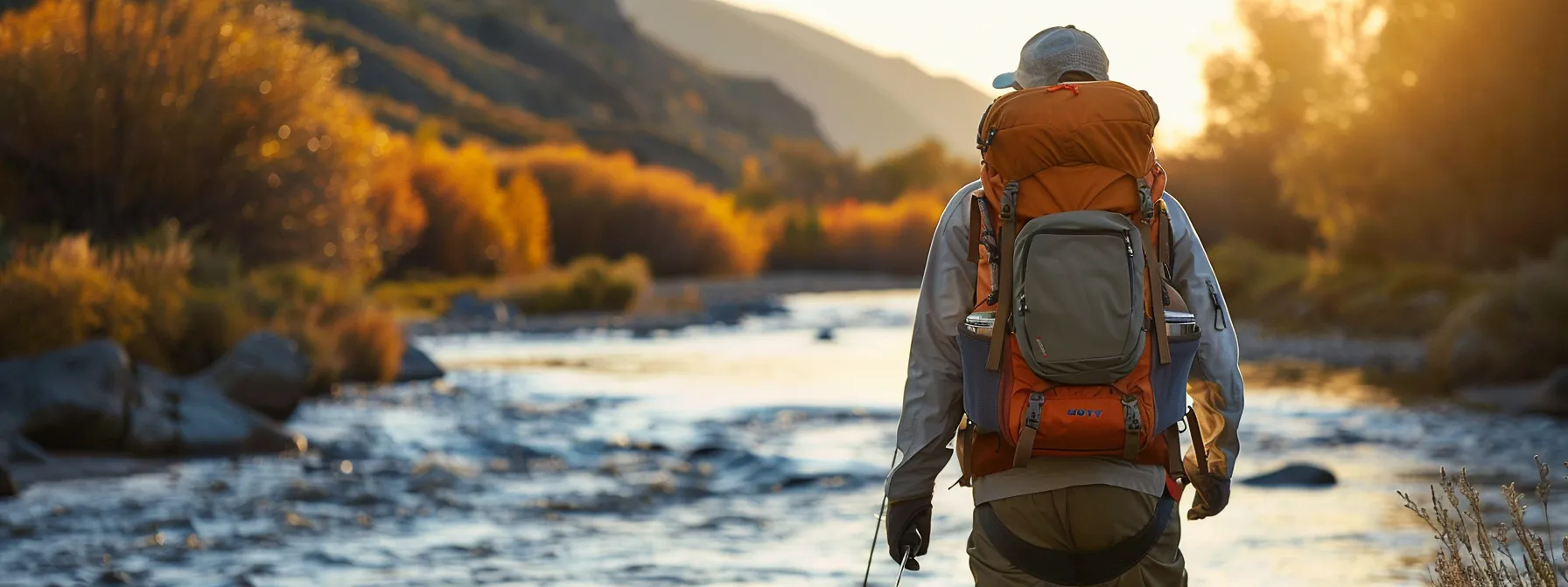 a fly fisherman standing by a serene river, carefully selecting a waterproof pack with multiple compartments and adjustable straps. a fly fisherman standing by a serene river, carefully selecting a waterproof pack with multiple compartments and adjustable straps.