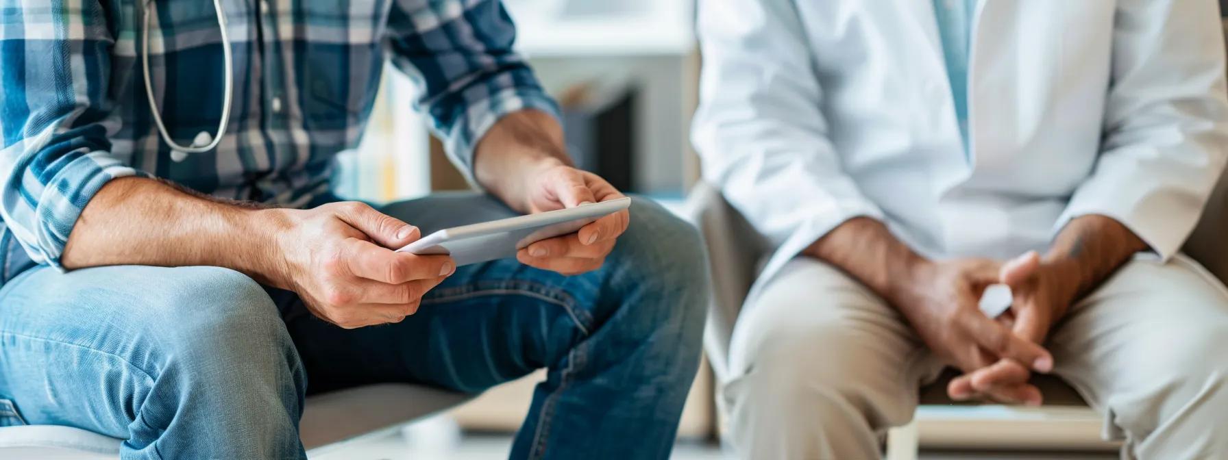 a focused allergist reviews a patient's detailed medical history on a digital tablet while seated in a modern, well-lit office, conveying the complexity and seriousness of the food allergy diagnosis journey.
