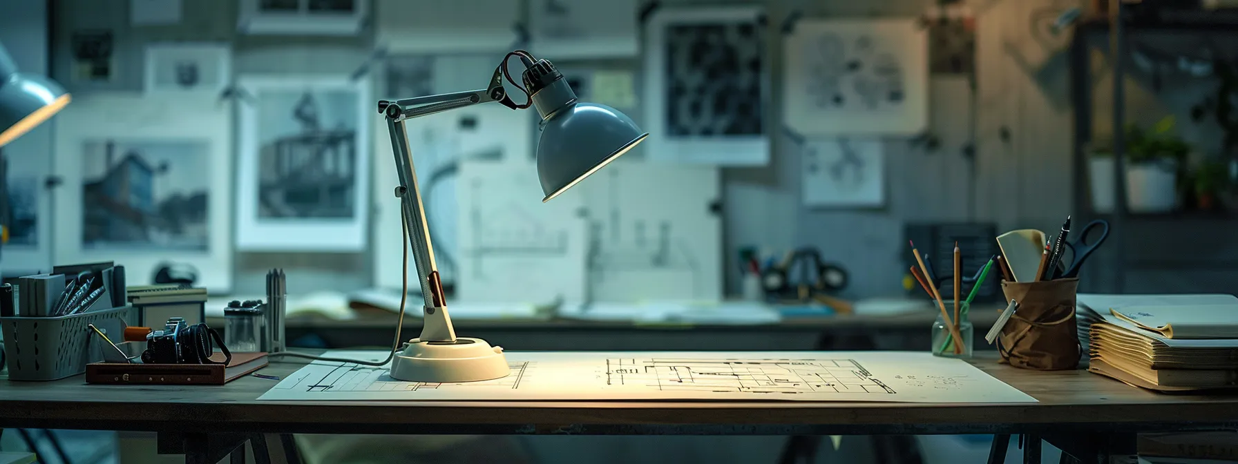 a focused architectural workspace features a detailed drawing board with intricate architectural sketches showcasing varying line weights, illuminated by a warm desk lamp, creating an environment rich in creativity and precision.