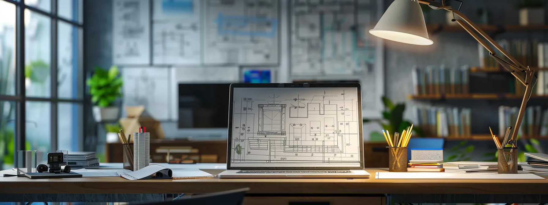 a focused architectural workspace features a meticulous drawing board illuminated by precise task lighting, showcasing intricate line weights of a detailed building blueprint in a sleek urban office setting.