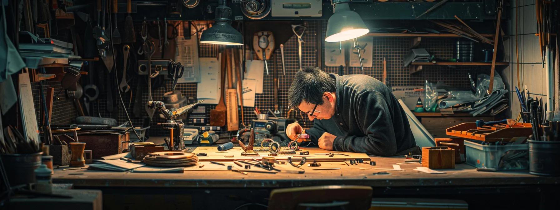 a focused artisan, immersed in the intricate ring-making process, works diligently at a sleek, modern workbench cluttered with tools and materials, highlighting the precision and personalization of each unique piece. a focused artisan, immersed in the intricate ring-making process, works diligently at a sleek, modern workbench cluttered with tools and materials, highlighting the precision and personalization of each unique piece.