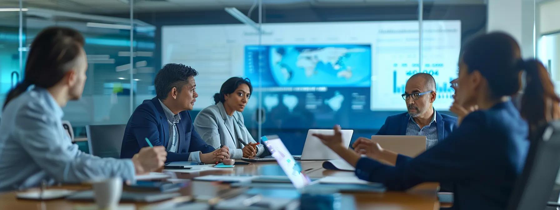 a focused business meeting in a modern office conference room showcases a diverse group of professionals engaged in a dynamic discussion while reviewing a life insurance policy document projected on a sleek digital screen, emphasizing the importance of midlife insurance assessments.