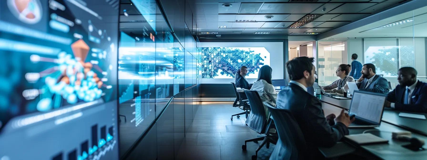 a focused business meeting unfolds in a sleek, modern conference room, where professionals engage in deep discussion around a digital presentation highlighting the importance of lead quality in senior care services, with charts and graphs emphasizing targeted demographics displayed on the screen.