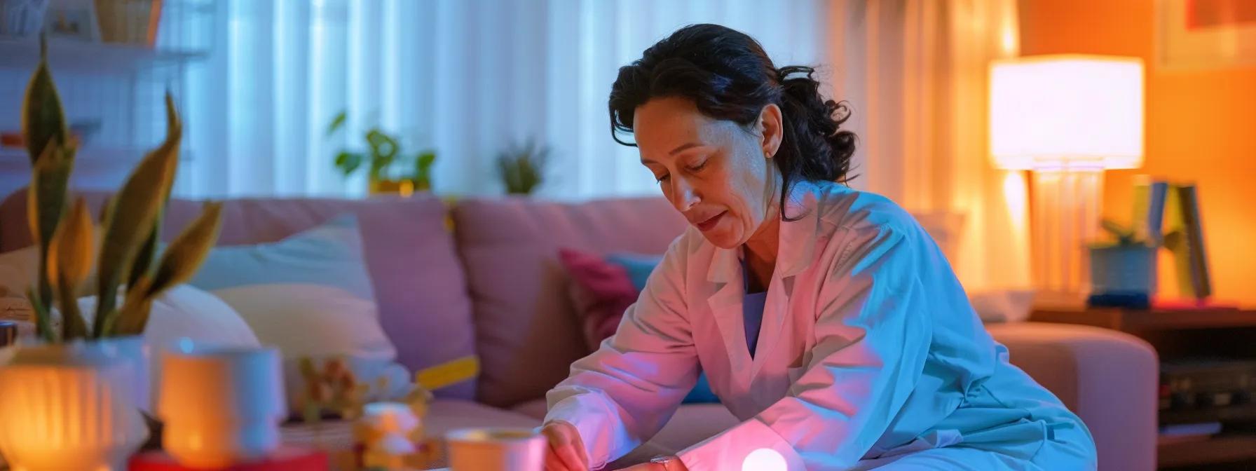 a focused caregiver meticulously inspects a colorful living room for choking hazards, surrounded by various household items, in a well-lit, modern environment that emphasizes safety awareness. a focused caregiver meticulously inspects a colorful living room for choking hazards, surrounded by various household items, in a well-lit, modern environment that emphasizes safety awareness.