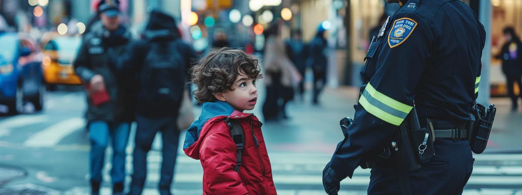 a focused child stands confidently in a busy urban setting, calling out their name loudly while a uniformed police officer approaches, symbolizing the importance of seeking help and ensuring safety when lost. a focused child stands confidently in a busy urban setting, calling out their name loudly while a uniformed police officer approaches, symbolizing the importance of seeking help and ensuring safety when lost.