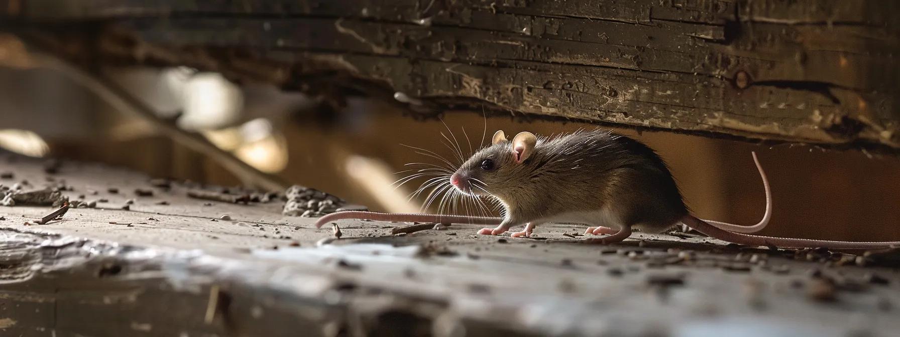 a focused close-up of a professional pest control technician inspecting a shadowy corner of an industrial office space, with distinct droppings and gnaw marks on a neglected wooden beam, highlighting the subtle differences between mouse and rat infestation signs.