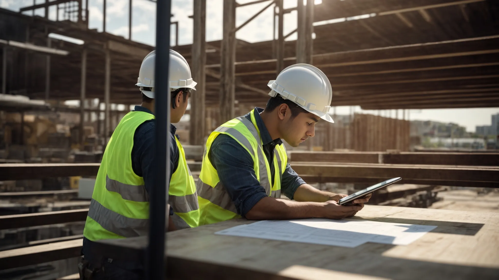 a focused construction manager analyzes a detailed cost breakdown chart on a sleek digital tablet at a bustling job site, illuminated by natural light filtering through scaffolding, emphasizing the importance of strategic budget management in achieving project success. a focused construction manager analyzes a detailed cost breakdown chart on a sleek digital tablet at a bustling job site, illuminated by natural light filtering through scaffolding, emphasizing the importance of strategic budget management in achieving project success.
