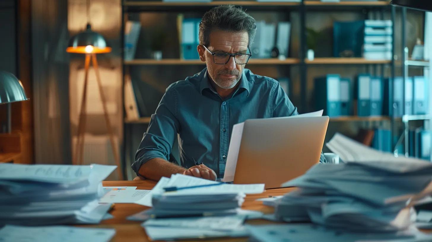 a focused contractor sits at a sleek office desk, meticulously reviewing and completing a knoxville contractor license renewal application on a modern laptop, surrounded by organized stacks of documentation and renewal forms.