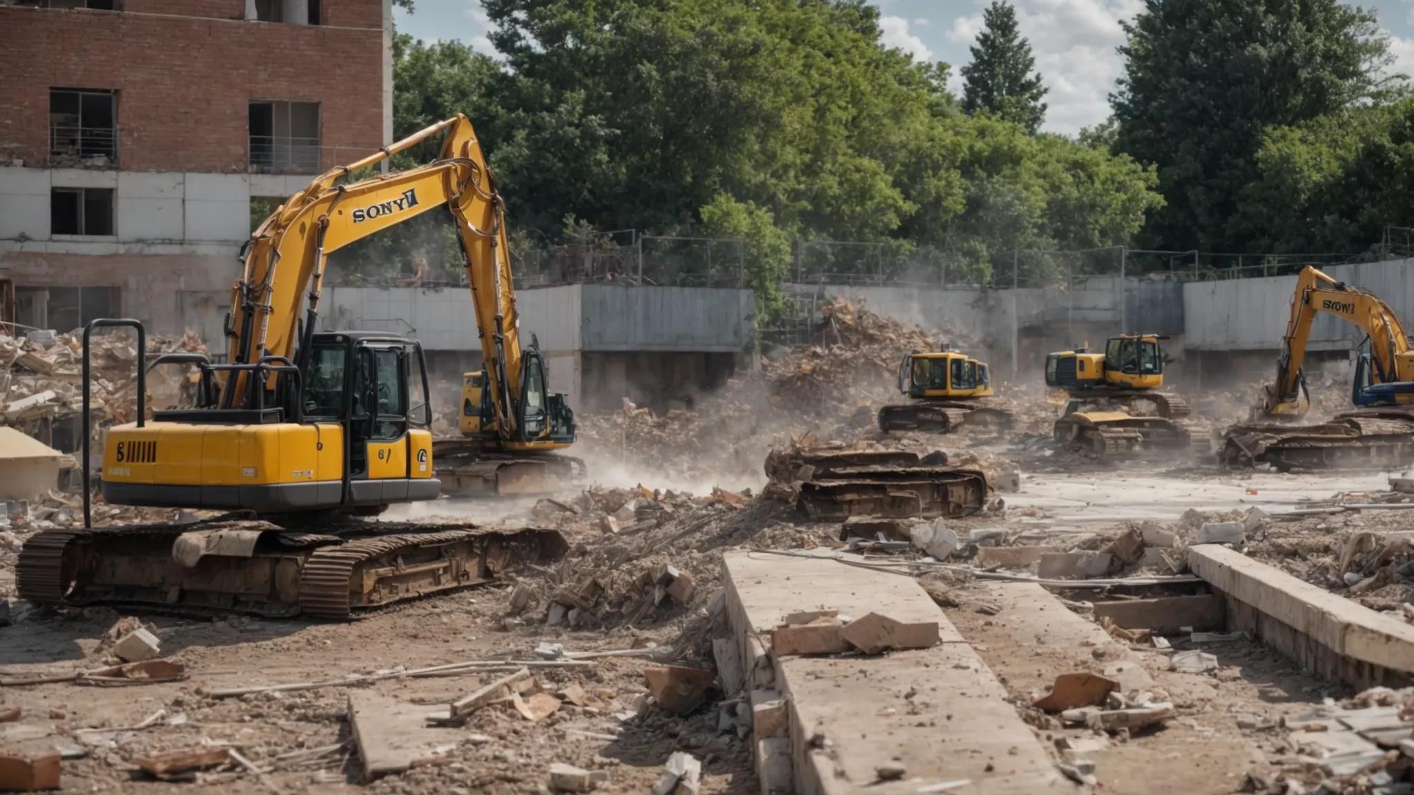 a focused demolition site showcases heavy machinery actively dismantling a concrete swimming pool, surrounded by safety barriers and debris, highlighting the importance of complete structural removal for long-term property stability. a focused demolition site showcases heavy machinery actively dismantling a concrete swimming pool, surrounded by safety barriers and debris, highlighting the importance of complete structural removal for long-term property stability.