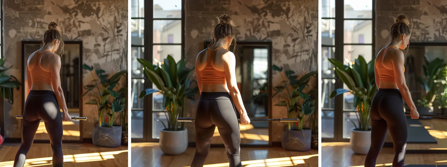 a focused fitness studio scene captures a determined woman executing a perfect deadlift with emphasis on her flat back and spinal alignment, while various training materials and a mirror reflect the dedication to proper form and posture.