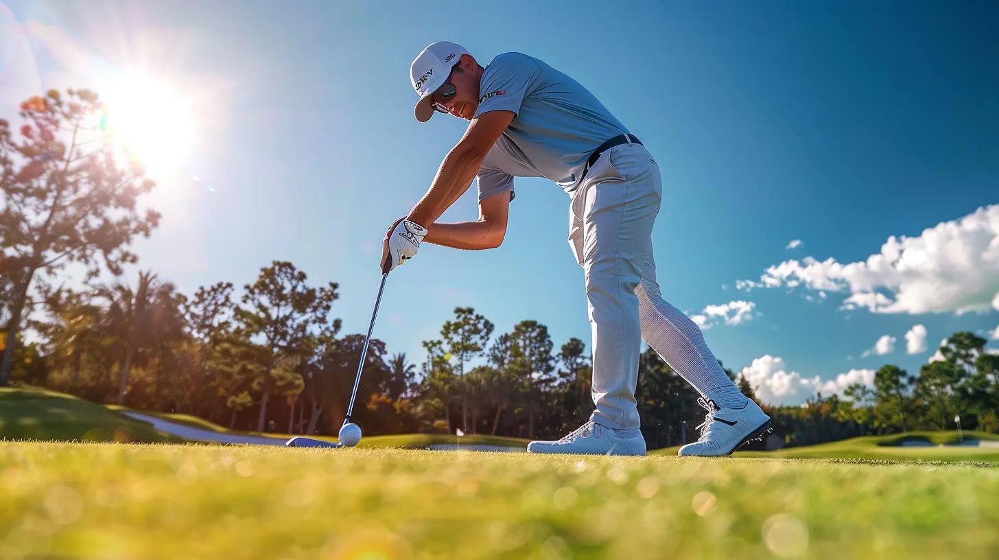 a focused golfer in a sleek, modern golf attire stands on a pristine course, with a dynamic pose capturing the moment of a powerful swing, showcasing the vibrant and professional design of high-performance golf socks that enhance stability and focus during play. a focused golfer in a sleek, modern golf attire stands on a pristine course, with a dynamic pose capturing the moment of a powerful swing, showcasing the vibrant and professional design of high-performance golf socks that enhance stability and focus during play.