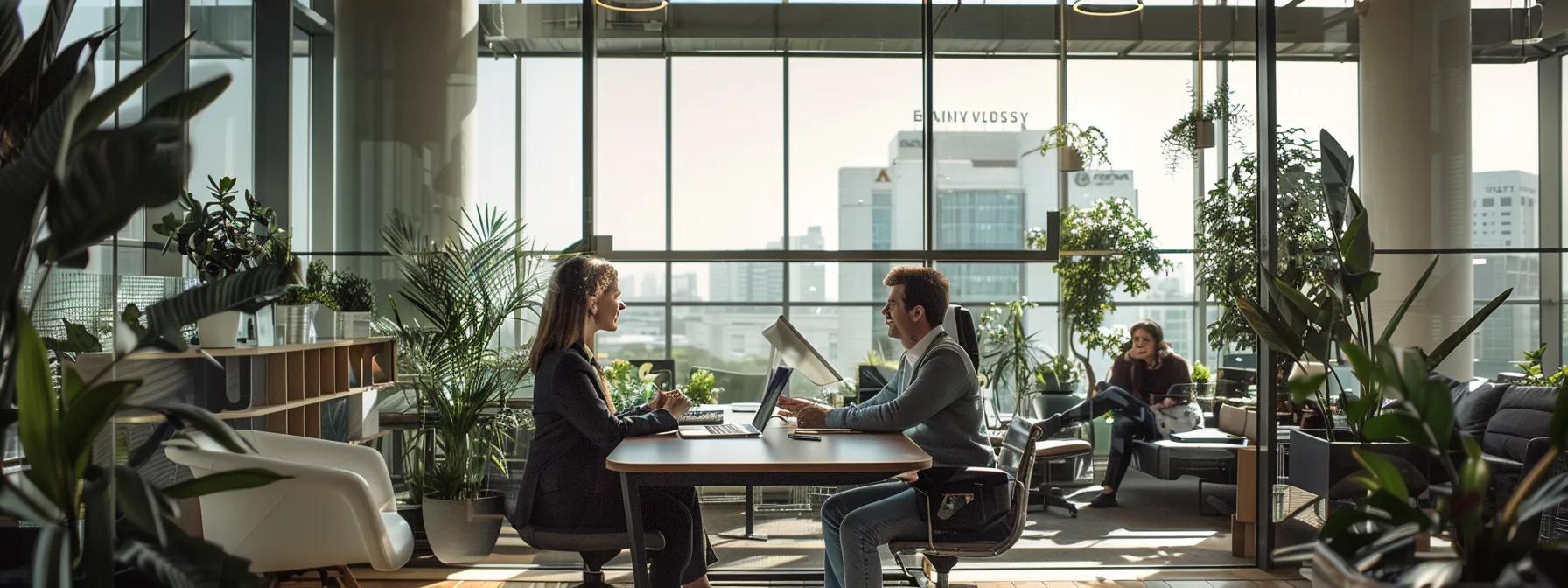 a focused gym interview setting showcases a professional recruiter assessing a poised candidate amidst a sleek, modern office environment, emphasizing a blend of professionalism and the pursuit of cultural alignment in fitness personnel.