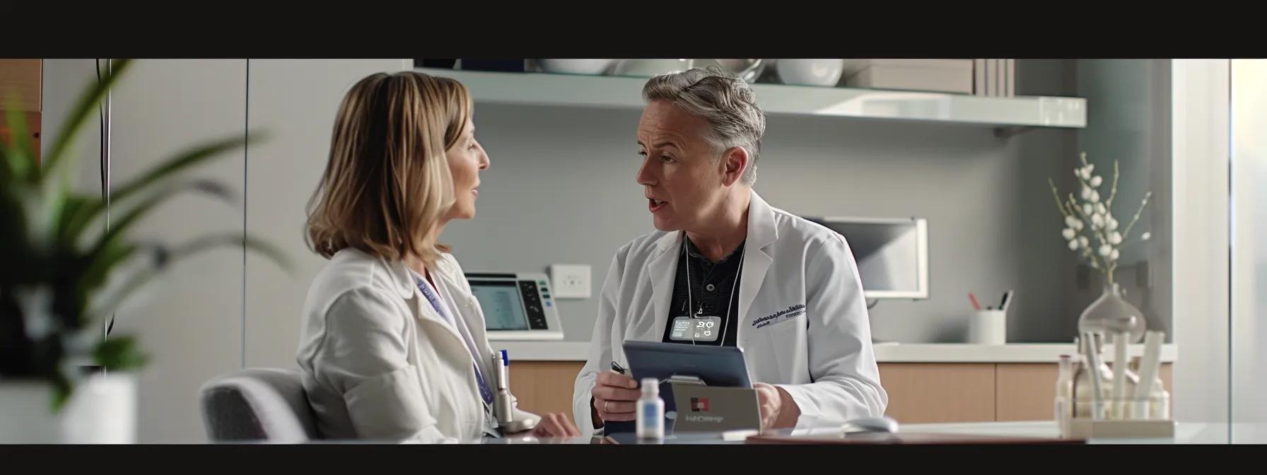 a focused, high-energy meeting between a healthcare provider and a patient in a sleek, modern office, with a digital tablet displaying a comprehensive food allergy management plan as they strategize allergen avoidance and nutritional considerations.