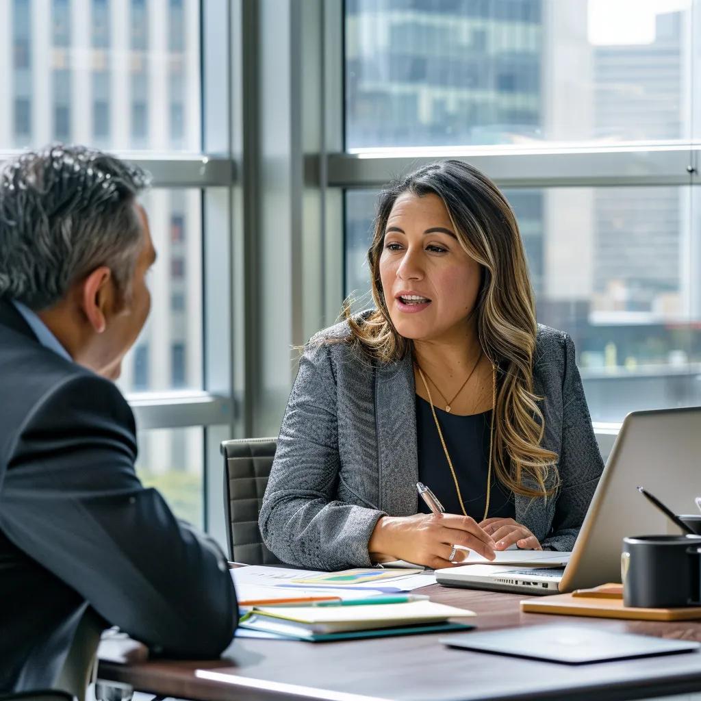 a focused immigration attorney, seated at a modern office desk surrounded by legal documents and a laptop, engages in a deep discussion with a professional client, conveying a sense of trust and expert guidance amidst a sleek urban backdrop.