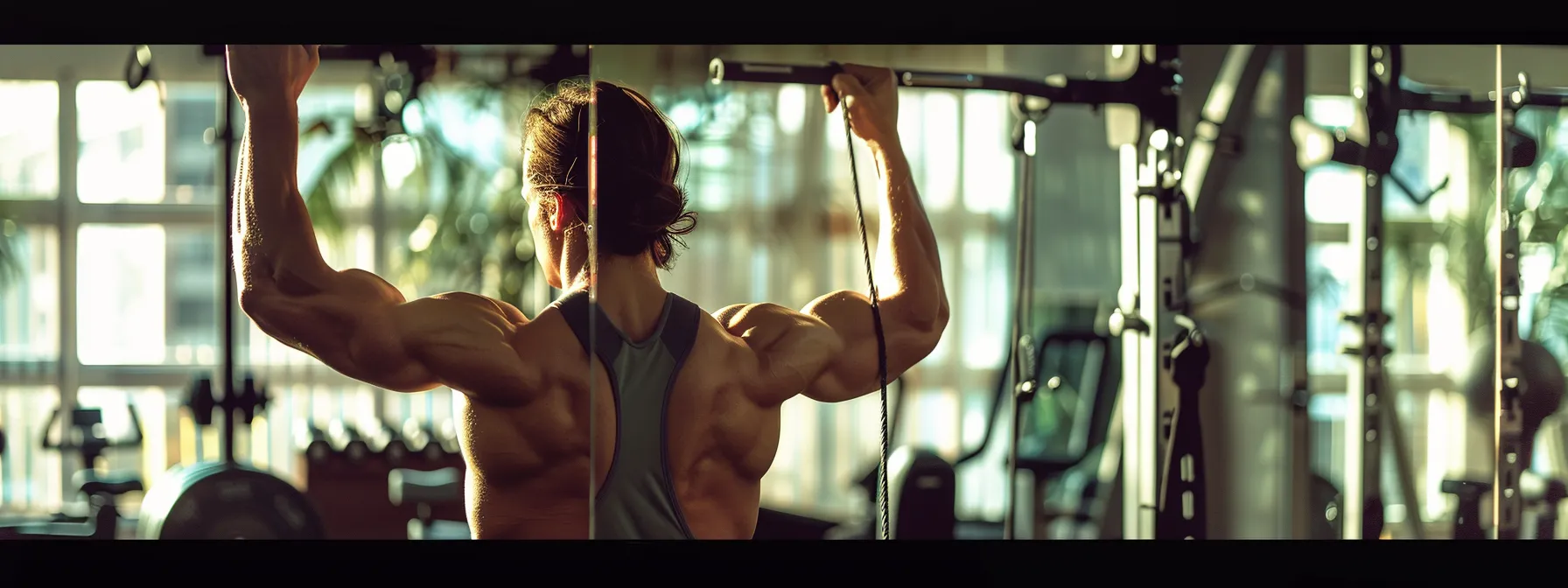 a focused individual is meticulously adjusting their posture while performing an exercise in a well-lit gym setting, surrounded by fitness equipment and mirrors, highlighting the importance of self-assessment and corrective training during workouts.