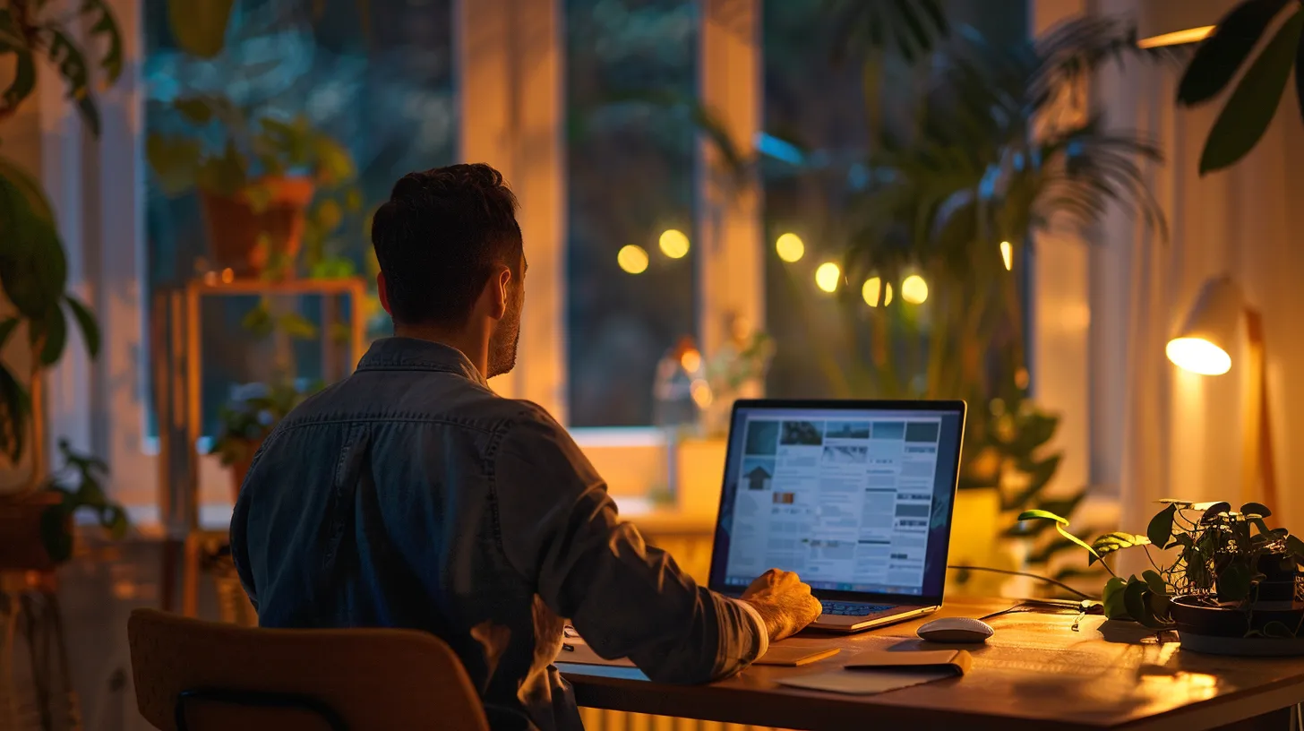 a focused individual sits at a sleek desk illuminated by soft, warm light, intently analyzing vibrant digital reviews displayed on a modern laptop screen, conveying the essence of informed decision-making in selecting a custom home builder. a focused individual sits at a sleek desk illuminated by soft, warm light, intently analyzing vibrant digital reviews displayed on a modern laptop screen, conveying the essence of informed decision-making in selecting a custom home builder.