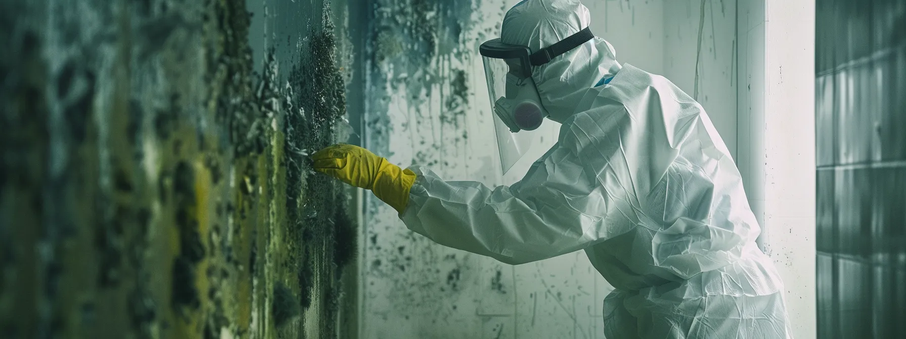 a focused indoor scene captures a professional in personal protective equipment inspecting a mold-infested wall, illuminated by bright artificial lighting, with advanced cleaning equipment strategically placed nearby, emphasizing the seriousness of effective mold remediation strategies. a focused indoor scene captures a professional in personal protective equipment inspecting a mold-infested wall, illuminated by bright artificial lighting, with advanced cleaning equipment strategically placed nearby, emphasizing the seriousness of effective mold remediation strategies.