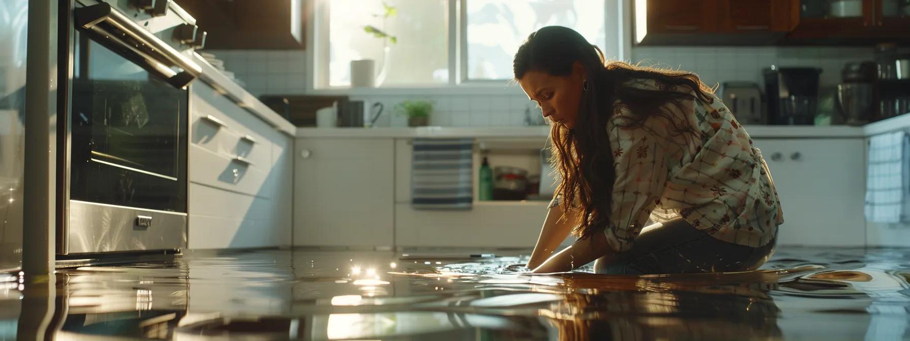 a focused indoor scene features a concerned homeowner in a modern kitchen, swiftly shutting off the main water supply while water begins to pool on the floor, emphasizing urgency and the importance of prompt damage control.