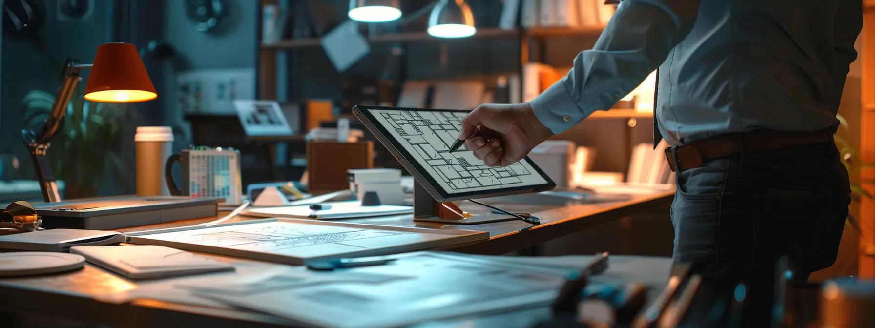 a focused indoor scene inside a modern office, featuring a professional inspecting a detailed roofing diagram on a sleek tablet, surrounded by tools and materials that emphasize precision in evaluating no-cost roof inspections. a focused indoor scene inside a modern office, featuring a professional inspecting a detailed roofing diagram on a sleek tablet, surrounded by tools and materials that emphasize precision in evaluating no-cost roof inspections.