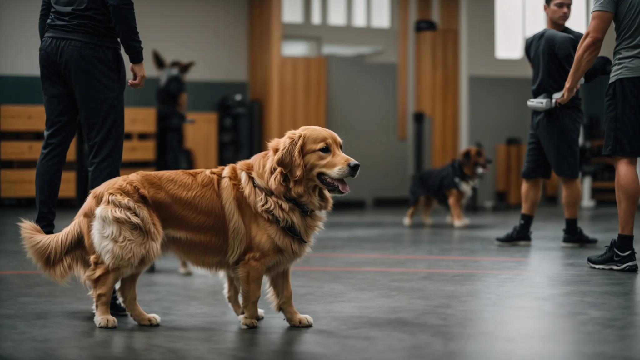 a focused indoor training session features a golden retriever displaying a cautious but alert posture as a trainer uses positive reinforcement techniques, highlighting the complexities of understanding and managing dog aggression in a controlled environment.