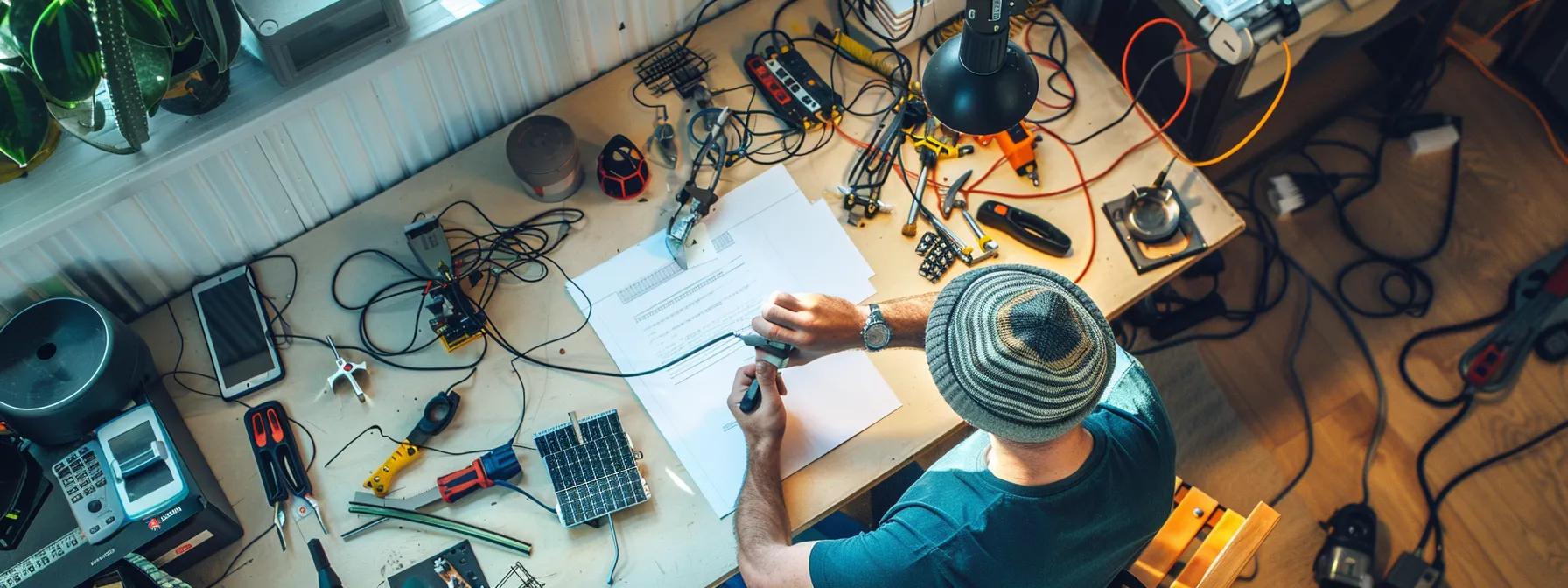 a focused inspection scene inside a modern home, featuring a knowledgeable inspector meticulously examining the electrical connections and mounting hardware of a newly installed solar panel system, with a detailed checklist and various tools prominently displayed on a workbench nearby. a focused inspection scene inside a modern home, featuring a knowledgeable inspector meticulously examining the electrical connections and mounting hardware of a newly installed solar panel system, with a detailed checklist and various tools prominently displayed on a workbench nearby.