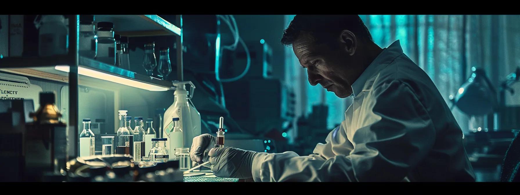 a focused laboratory setting showcases a researcher analyzing vials of ostarine mk-2866, illuminated by clinical overhead lighting, symbolizing the careful study of its potential side effects and the importance of safe usage.