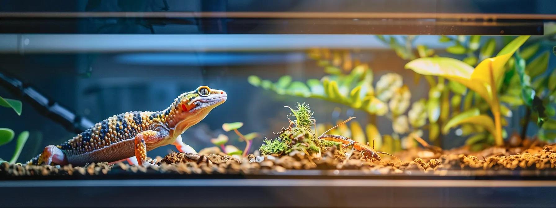 a focused, modern home setup presents a sleek feeding station, featuring a vibrant leopard gecko poised eagerly beside a well-organized array of live insects in an enclosed habitat, illuminated by warm, inviting overhead lighting.