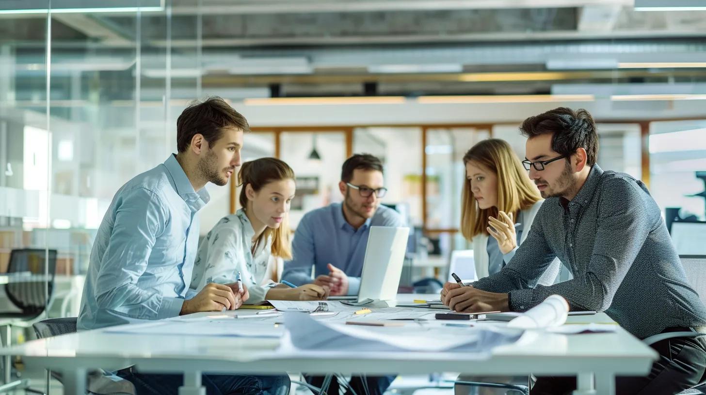 a focused, modern office setting features a diverse team of professionals engaged in an intensive discussion over contractor qualifications, with blueprints and digital devices prominently displayed, conveying the meticulous vetting process in contract management. a focused, modern office setting features a diverse team of professionals engaged in an intensive discussion over contractor qualifications, with blueprints and digital devices prominently displayed, conveying the meticulous vetting process in contract management.