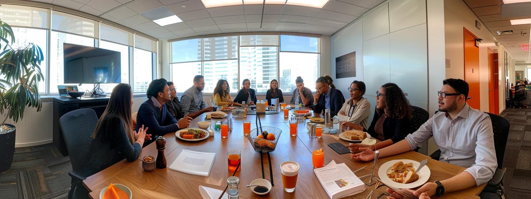 a focused, modern office setting showcases a diverse group of individuals engaged in a discussion around a table filled with allergen-free food options, emphasizing collaboration and education on food allergies.